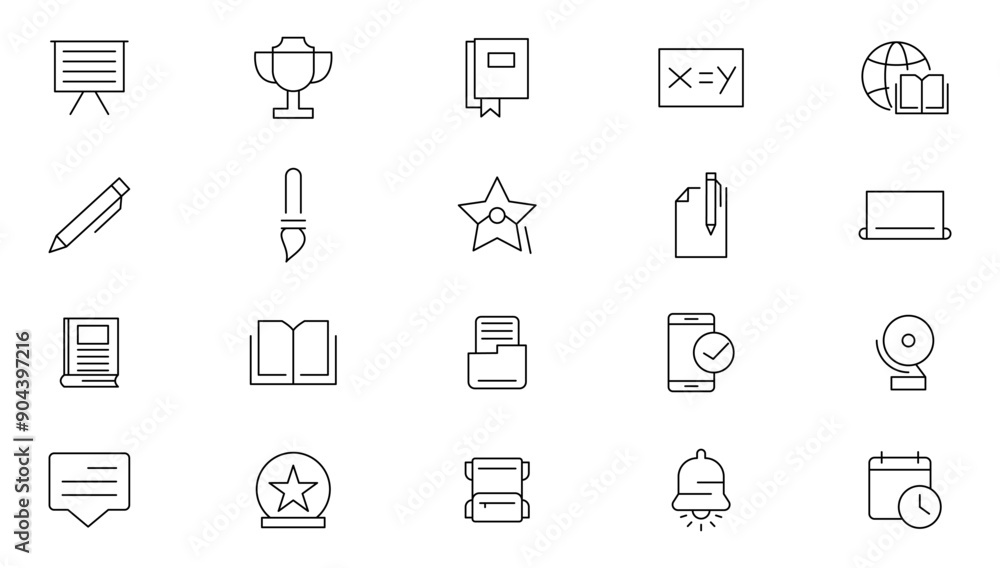 Education line icon set. Additional education, tutorship, school, subjects, supplies, online learning, online lecture, video call, developments, innovations Outline icon collection. UI thin icon pack. Education line icon set. Additional education, tutorship, school, subjects, supplies, online learning, online lecture, video call, developments, innovations Outline icon collection. UI thin icon pack.