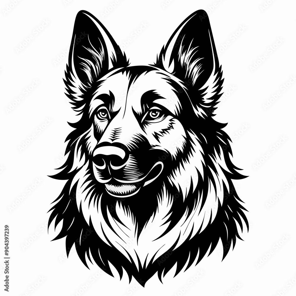 Naklejka premium illustration of a dog, German Shepherd dog breed head vector illustration. Pet portrait in style of hand drawn black doodle on white background