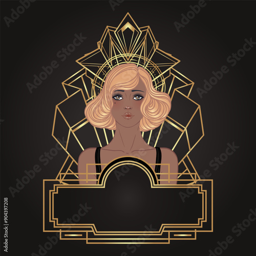 Retro fashion, glamour girl of twenties. African American woman. Vector illustration. Flapper 20s style. Vintage party invitation design template. Fancy black lady.