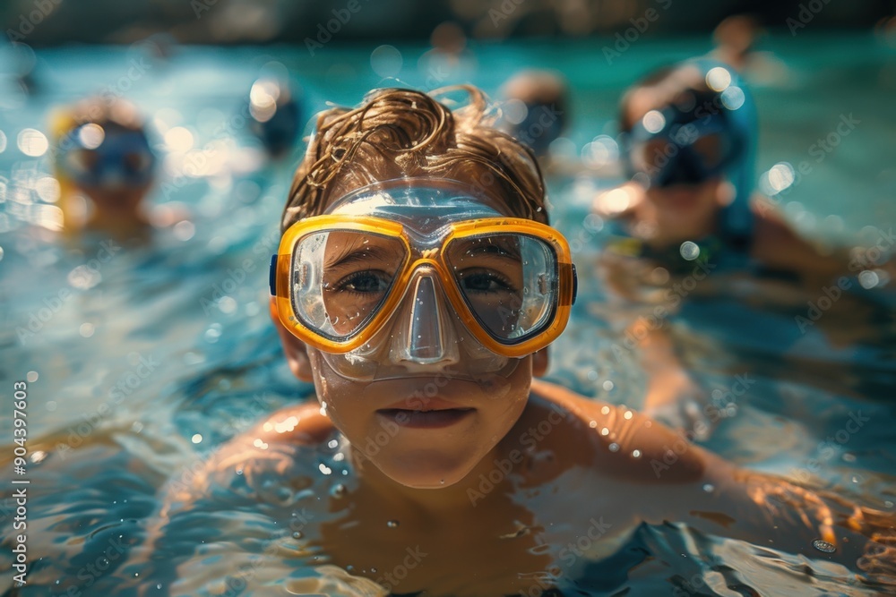 Naklejka premium A young boy wearing a snorkel mask smiles for the camera while swimming in a pool with other kids