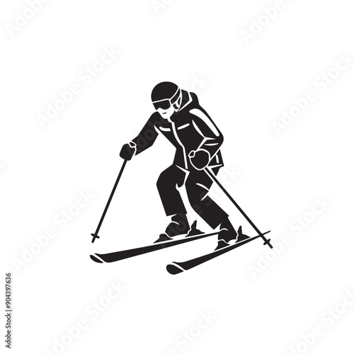 Skiing in cartoon, doodle style . Image for t-shirt, web, mobile apps and ui. Isolated 2d vector illustration in logo, icon, sketch style, Eps 10, black and white. AI Generative