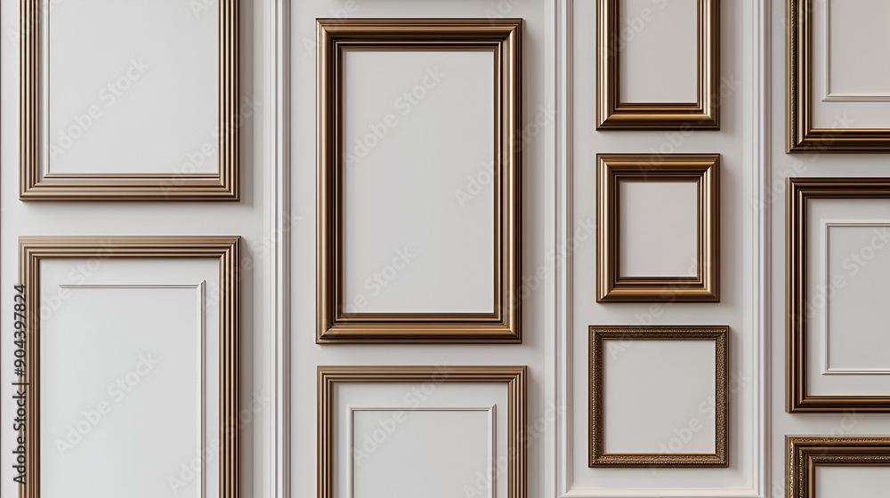Close-Up 3D Rendering of Wall with Molding and Empty Bronze Frames in Multiple Sizes Close-Up 3D Rendering of Wall with Molding and Empty Bronze Frames in Multiple Sizes