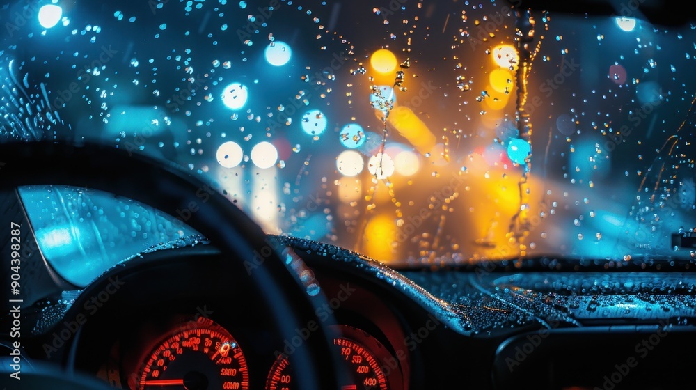 View from inside a car on a rainy night with blurred glowing car lights visible through the windshield amidst nighttime traffic View from inside a car on a rainy night with blurred glowing car lights visible through the windshield amidst nighttime traffic
