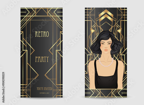 Retro fashion, glamour girl of twenties. Asian pretty woman. Vector illustration. Flapper 20s style. Vintage party invitation design template. Fancy asian lady.