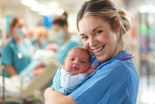 Health care concept. Smiling obstetric nurse caring for newborn baby in hospital