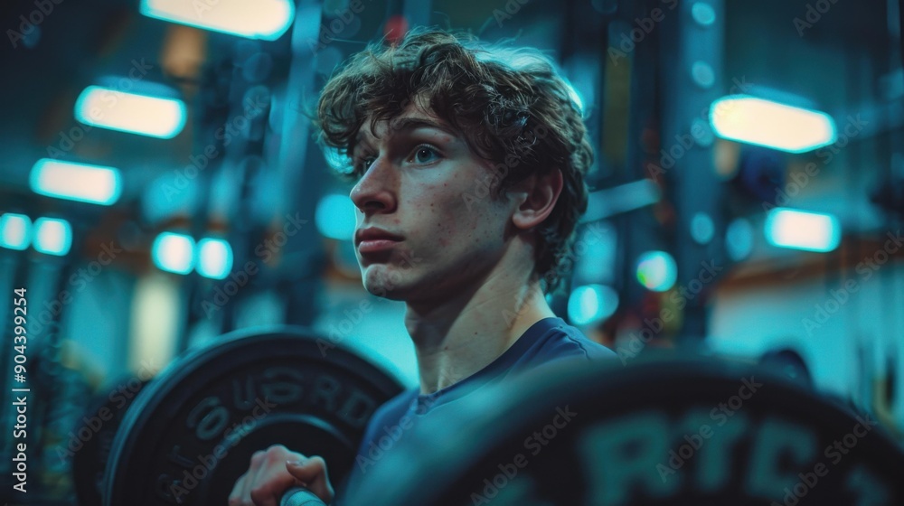 A man lifts weights in a gym. AI. A man lifts weights in a gym. AI.