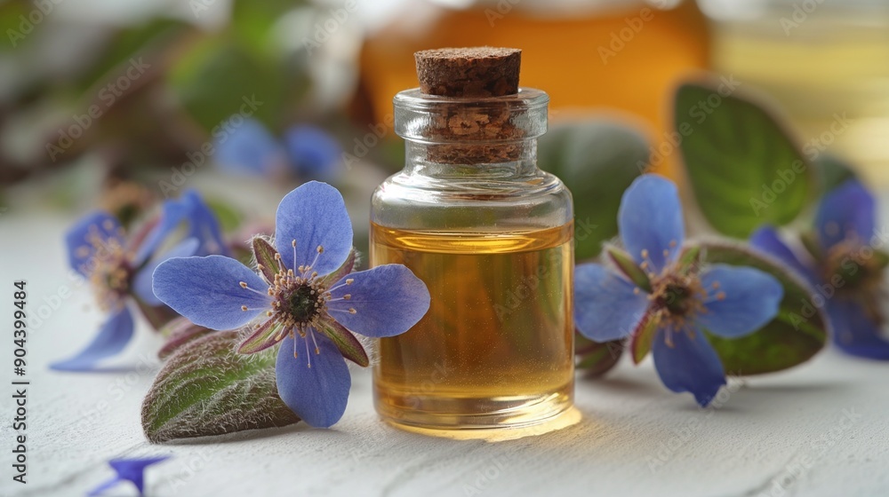 borage oil, skin care conceptual, on white background borage oil, skin care conceptual, on white background