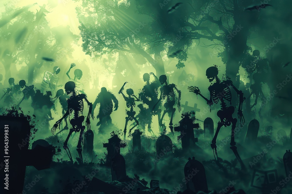 Obraz premium Skeletons dancing in a graveyard filled with moss-covered tombstones and thick, rolling fog