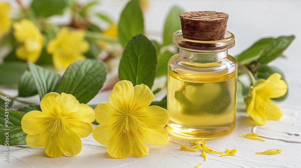 A bottle of evening primrose oil with fresh blooming plant on a dark background A bottle of evening primrose oil with fresh blooming plant on a dark background