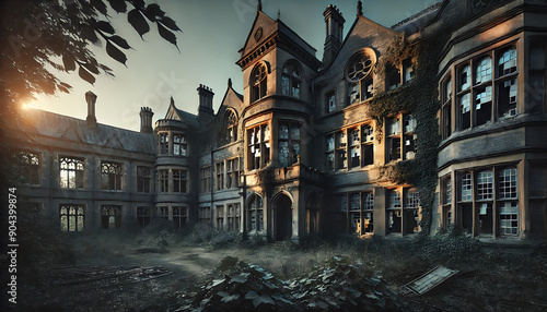 An eerie abandoned Victorian asylum captured at dusk, with the decaying structure casting long shadows 
