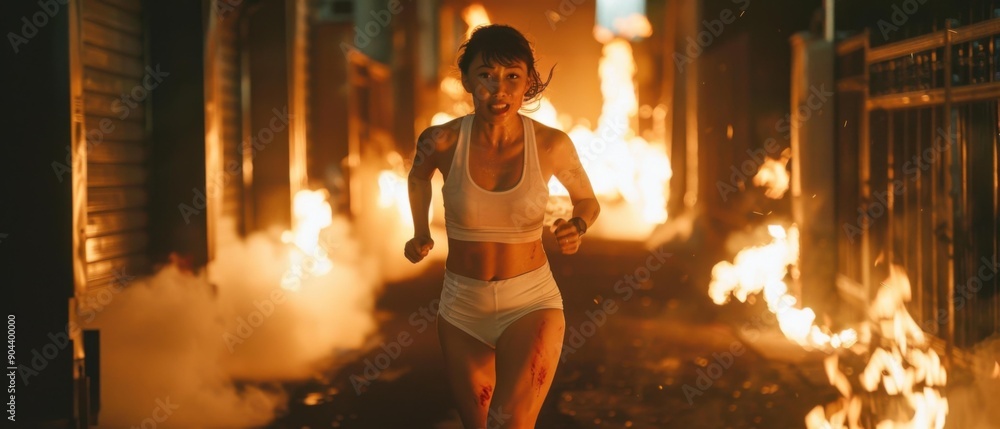 A woman runs through a street engulfed in flames. AI. A woman runs through a street engulfed in flames. AI.