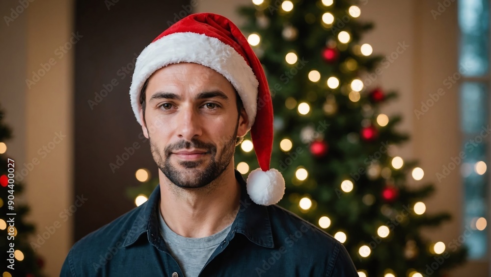 A cheerful man wearing a Santa hat in front of a decorated Christmas tree A cheerful man wearing a Santa hat in front of a decorated Christmas tree