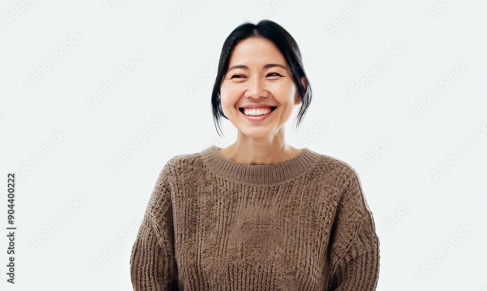 portrait of a happy Japanese woman in her 30s wearing a cozy sweater against a white background portrait of a happy Japanese woman in her 30s wearing a cozy sweater against a white background