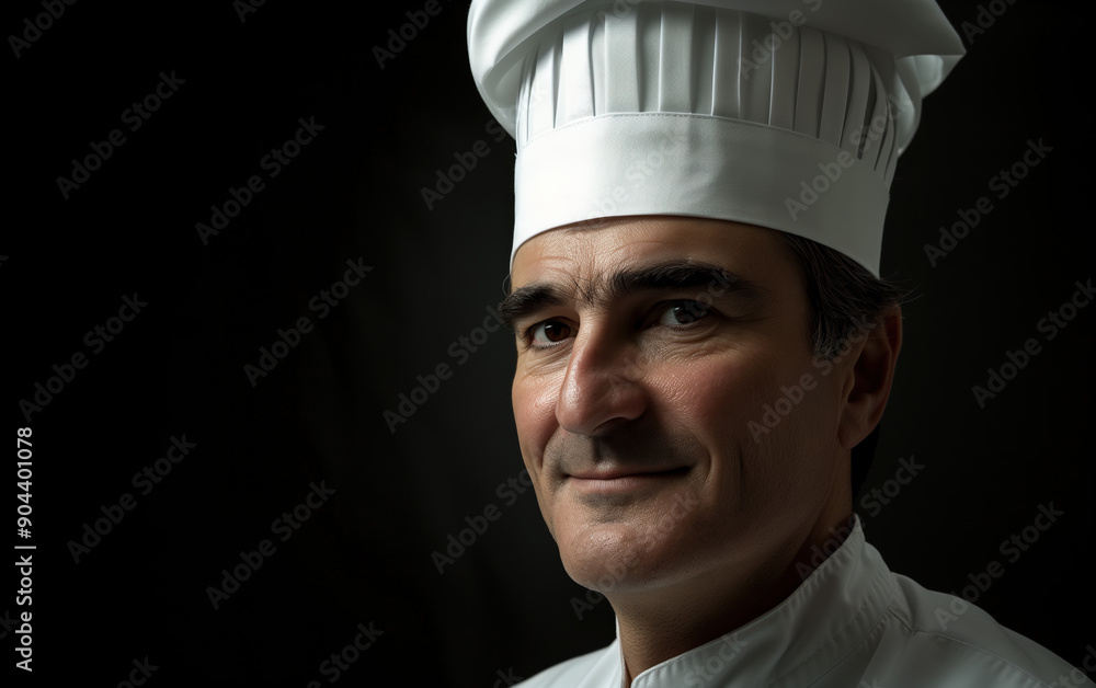 Professional Chef. Portrait male chef with cook hat, white uniform. Portrait of an old Italian or French chef, standing in the kitchen, restaurant, cooking class, cooking school. Realistic style photo Professional Chef. Portrait male chef with cook hat, white uniform. Portrait of an old Italian or French chef, standing in the kitchen, restaurant, cooking class, cooking school. Realistic style photo