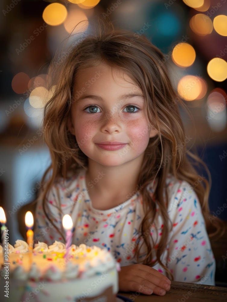 A young girl smiles at the camera while sitting in front of a birthday cake. AI. A young girl smiles at the camera while sitting in front of a birthday cake. AI.
