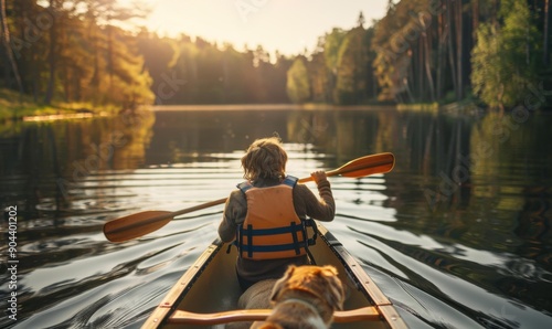 A person paddles a canoe on a lake with a dog. AI.