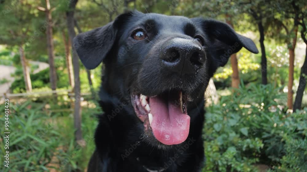 A black dog is walking on a leash near a wooden fence in this lively urban setting A black dog is walking on a leash near a wooden fence in this lively urban setting