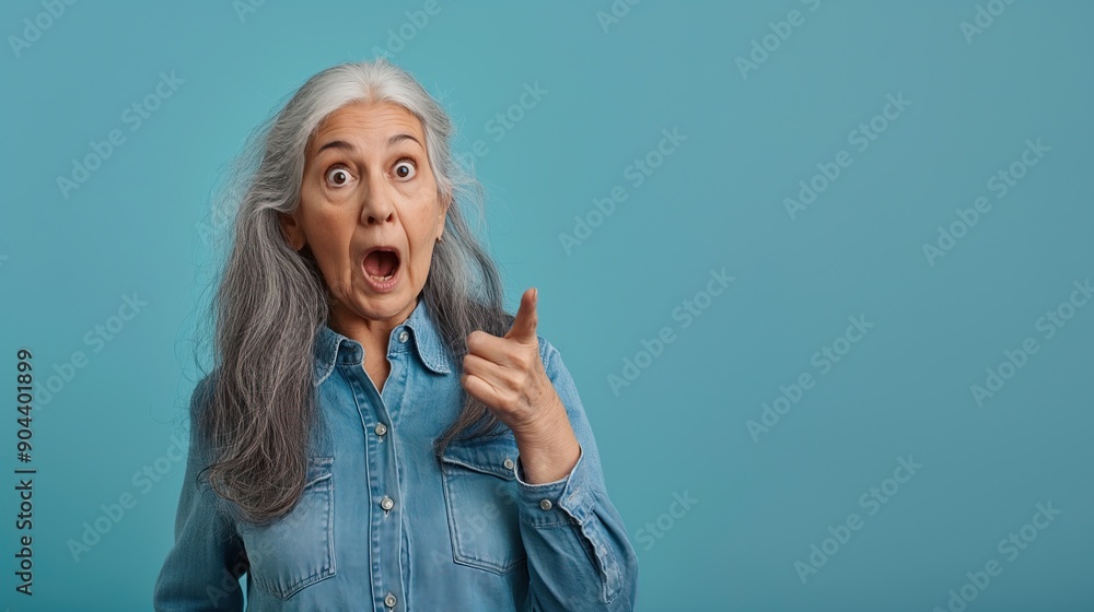 Shocked Woman Pointing Upward, with Copy space text Shocked Woman Pointing Upward, with Copy space text