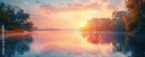 Sunset over a tranquil lake with reflections, landscape background, peaceful sunset photo