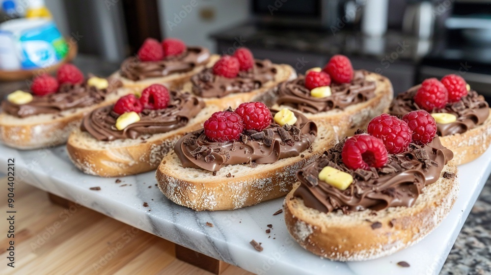 A well-stacked table, covered in bread and adorned with chocolate frosting and fresh raspberries A well-stacked table, covered in bread and adorned with chocolate frosting and fresh raspberries
