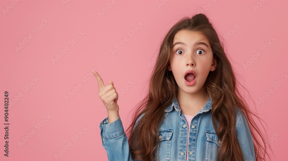 Surprised Young Girl in Denim, Pointing Upward with Copy space text Surprised Young Girl in Denim, Pointing Upward with Copy space text