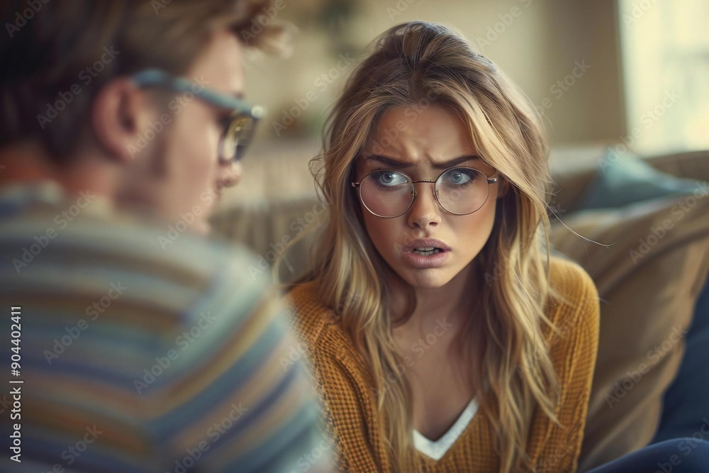 The beautiful woman with eyeglasses is looking upset while her partner looks frustrated as they argue on the couch at home. The beautiful woman with eyeglasses is looking upset while her partner looks frustrated as they argue on the couch at home.