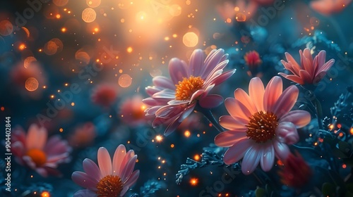 A field of pink flowers with a blue sky in the background