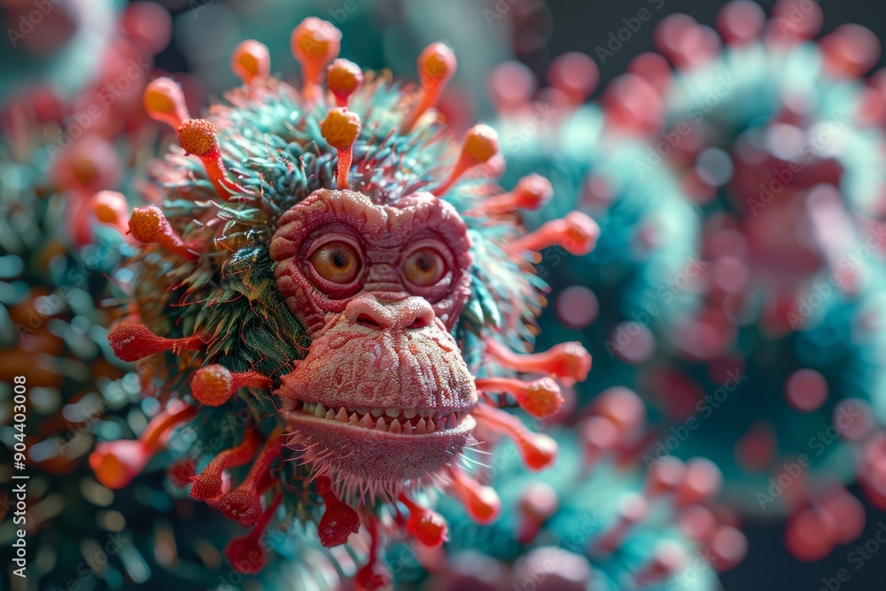 Vibrant and funny drawing of virus monkey head. Animated monkey face symbolizing whimsical virus. Virus allegory of unexpected humor and playfulness. Vibrant and funny drawing of virus monkey head. Animated monkey face symbolizing whimsical virus. Virus allegory of unexpected humor and playfulness.