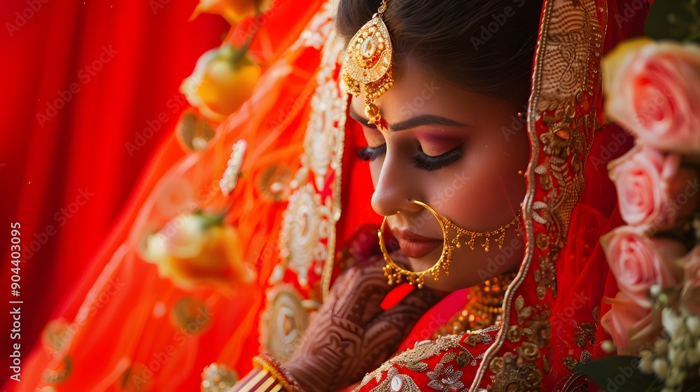 A beautiful bride in a red and gold sari with flowers in the background. A beautiful bride in a red and gold sari with flowers in the background.