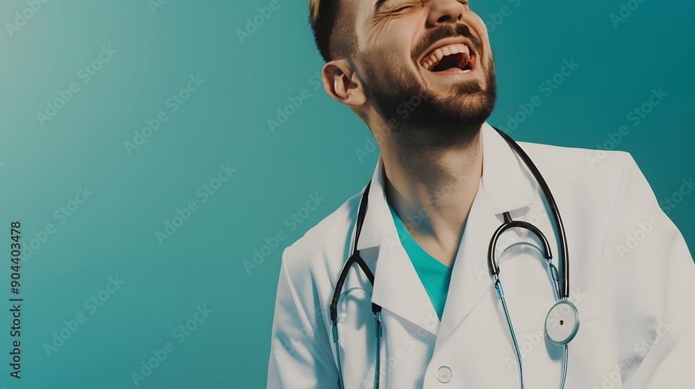 A young doctor laughs, wearing a white coat and stethoscope. A young doctor laughs, wearing a white coat and stethoscope.