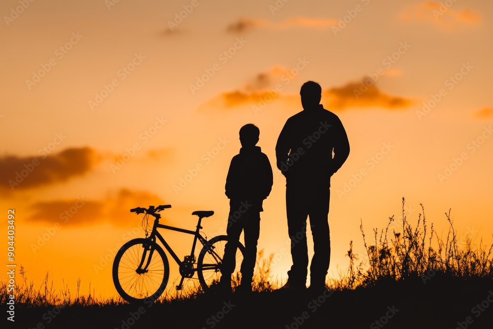 Silhouette of a father and son standing next to a bicycle with the sunset in the background Silhouette of a father and son standing next to a bicycle with the sunset in the background