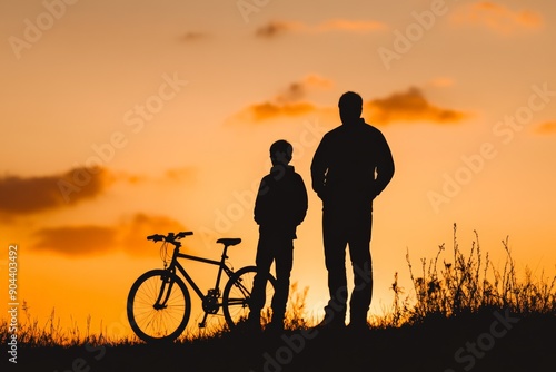 Silhouette of a father and son standing next to a bicycle with the sunset in the background