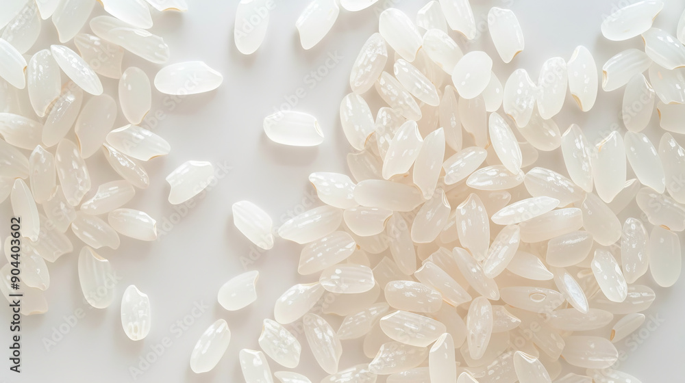 Variety of White Rice Grains Spread Across a Light Surface in Natural Light Variety of White Rice Grains Spread Across a Light Surface in Natural Light