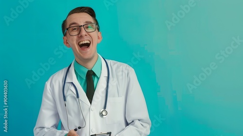 A young male doctor laughs in front of a blue background.