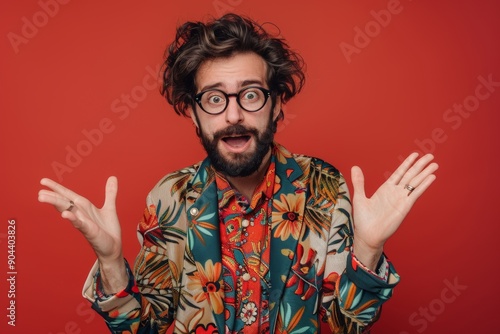 Trendsetting young man dynamic stylish hairdo looking very cheerful. Exuberant bearded man flaunting lively quirky hairdo looking confident. Capturing essence of exuberance