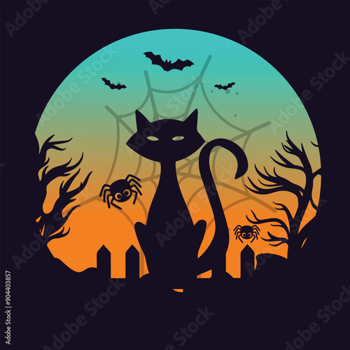 Halloween T-Shirt Design Vector, Features a spooky black cat with arched back, a full moon, and scattered autumn leaves. Easy to print and suitable for men, women, and children.
