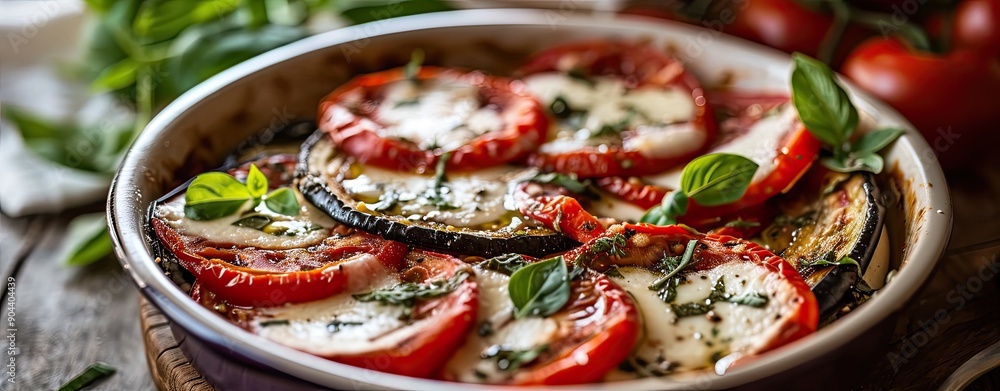 Fototapeta premium Healthy vegetarian and vegan Italian dish made with baked eggplant, mozzarella, and tomatoes.
