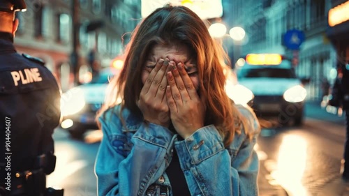 Portrait of a young female crime victim covering her face with their hands standing back with a policeman putting his hand on her shoulder to support her. Crime, robbery, domestic violence concept.