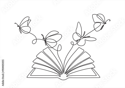 Flying book one line drawing with butterflies. Continuous hand drawn contour vector. Illustration of Creative and freedom.	