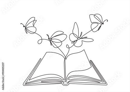 Flying book one line drawing with butterflies. Continuous hand drawn contour vector. Illustration of Creative and freedom.	