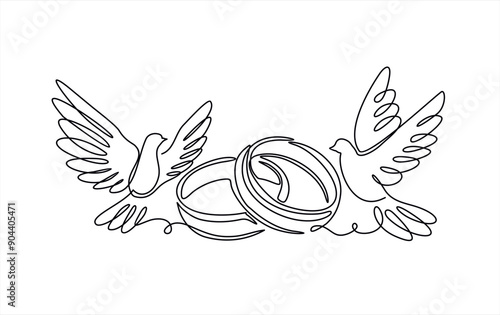 Hand drawn one line vector.Wedding day. Wedding rings and flying pigeons vector one continuous  line art. Illustration with quote template. Can used for logo, banner, booklet, flyer, brochure