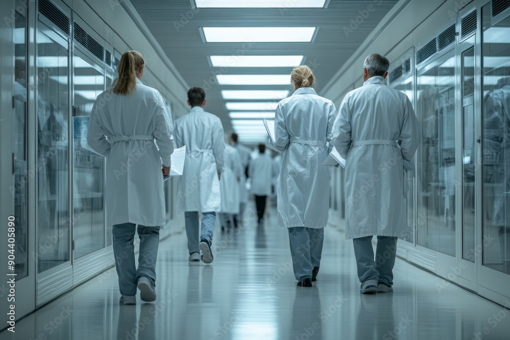 Minimalist representation of a group of scientists reviewing research papers in a modern, well-lit room, Minimalist representation of a group of scientists reviewing research papers in a modern, well-lit room,