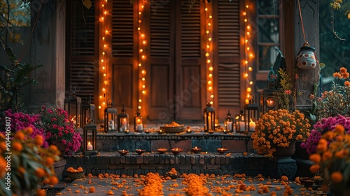 Festive Porch Decorated with Lanterns and Flowers photo