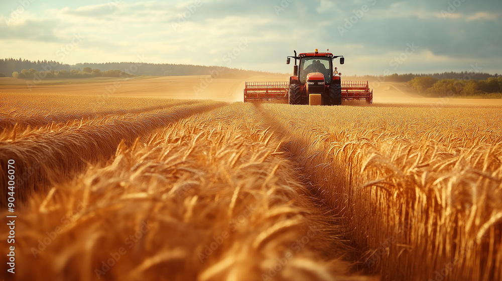 Fototapeta premium Tractor harvesting and baling wheat field