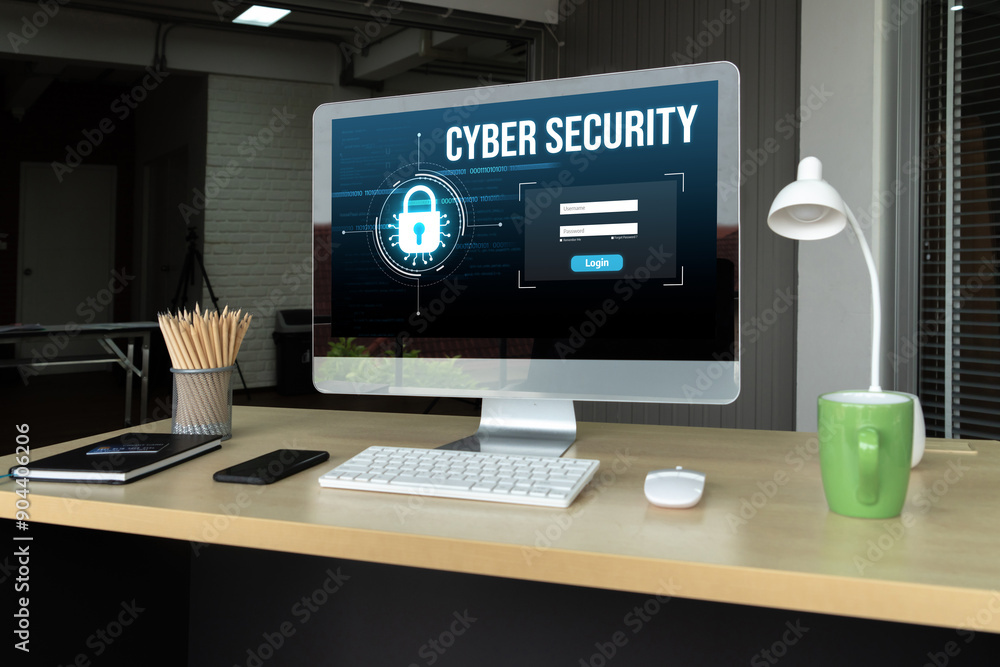 Cyber security system on computer screen protect private information snugly from hacker and cyber attack Cyber security system on computer screen protect private information snugly from hacker and cyber attack