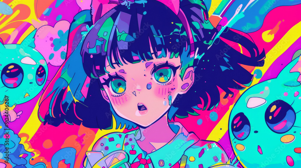 Vibrant Fantasy Artwork Featuring a Girl Surrounded by Colorful Creatures in a Dreamlike Setting Vibrant Fantasy Artwork Featuring a Girl Surrounded by Colorful Creatures in a Dreamlike Setting