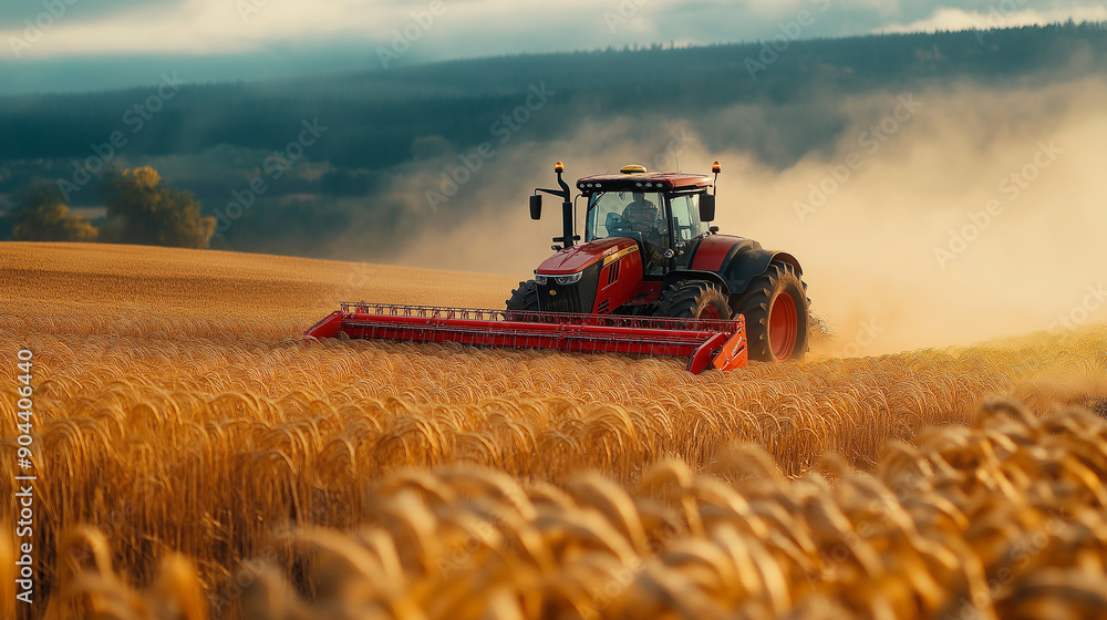 Fototapeta premium Tractor harvesting and baling wheat field