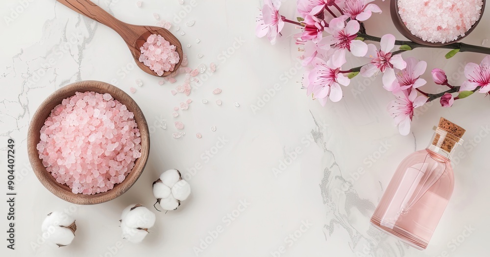 A calming spa setup with bowls of pink Himalayan salt, essential oil bottle, delicate flowers, and a soothing candle arranged on a light grey surface A calming spa setup with bowls of pink Himalayan salt, essential oil bottle, delicate flowers, and a soothing candle arranged on a light grey surface