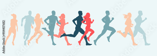 Run, group of running people. Set of isolated vector silhouettes of sport athletes