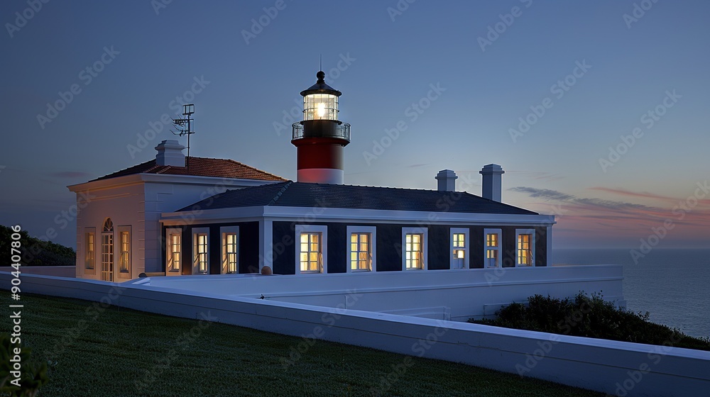 A lighthouse stands atop a building beside a body of water, illuminated by a light atop A lighthouse stands atop a building beside a body of water, illuminated by a light atop